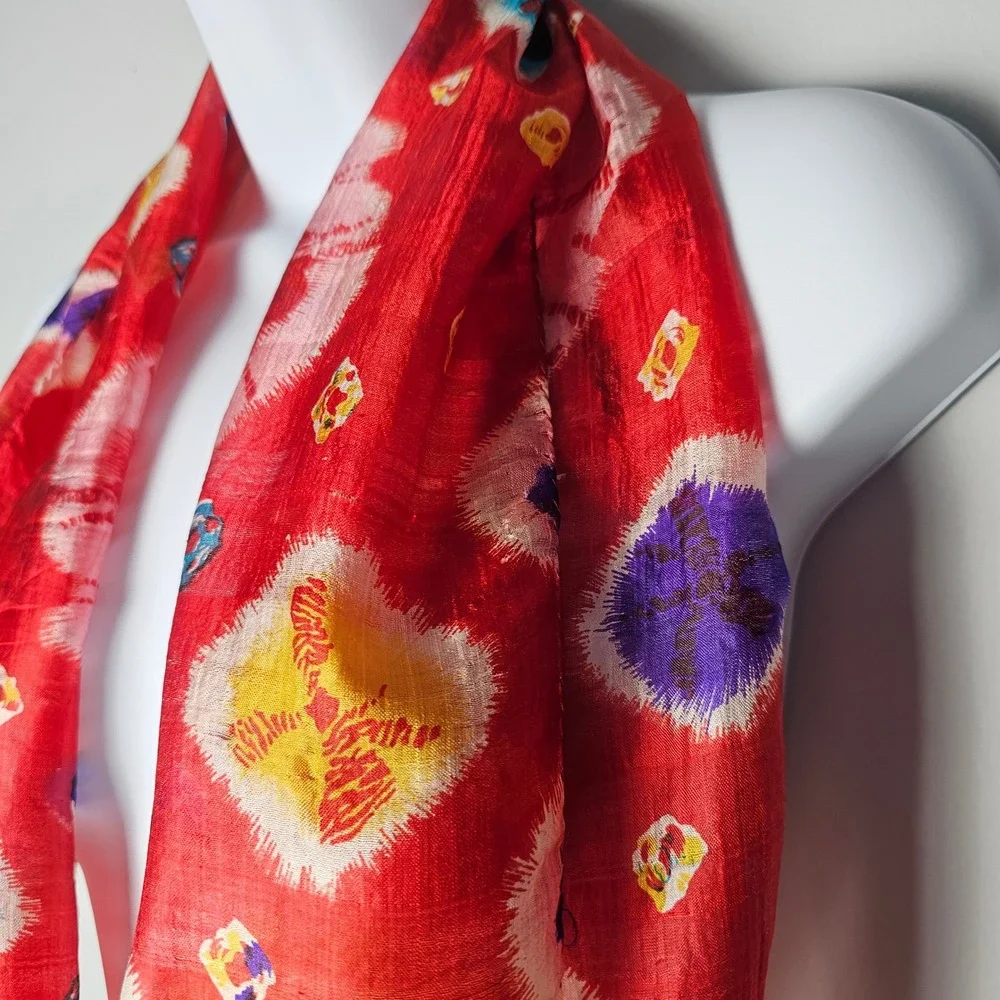 Pure Silk Scarf Red Multicolor Tie Dye Sunburst Boho Wrap Made In India